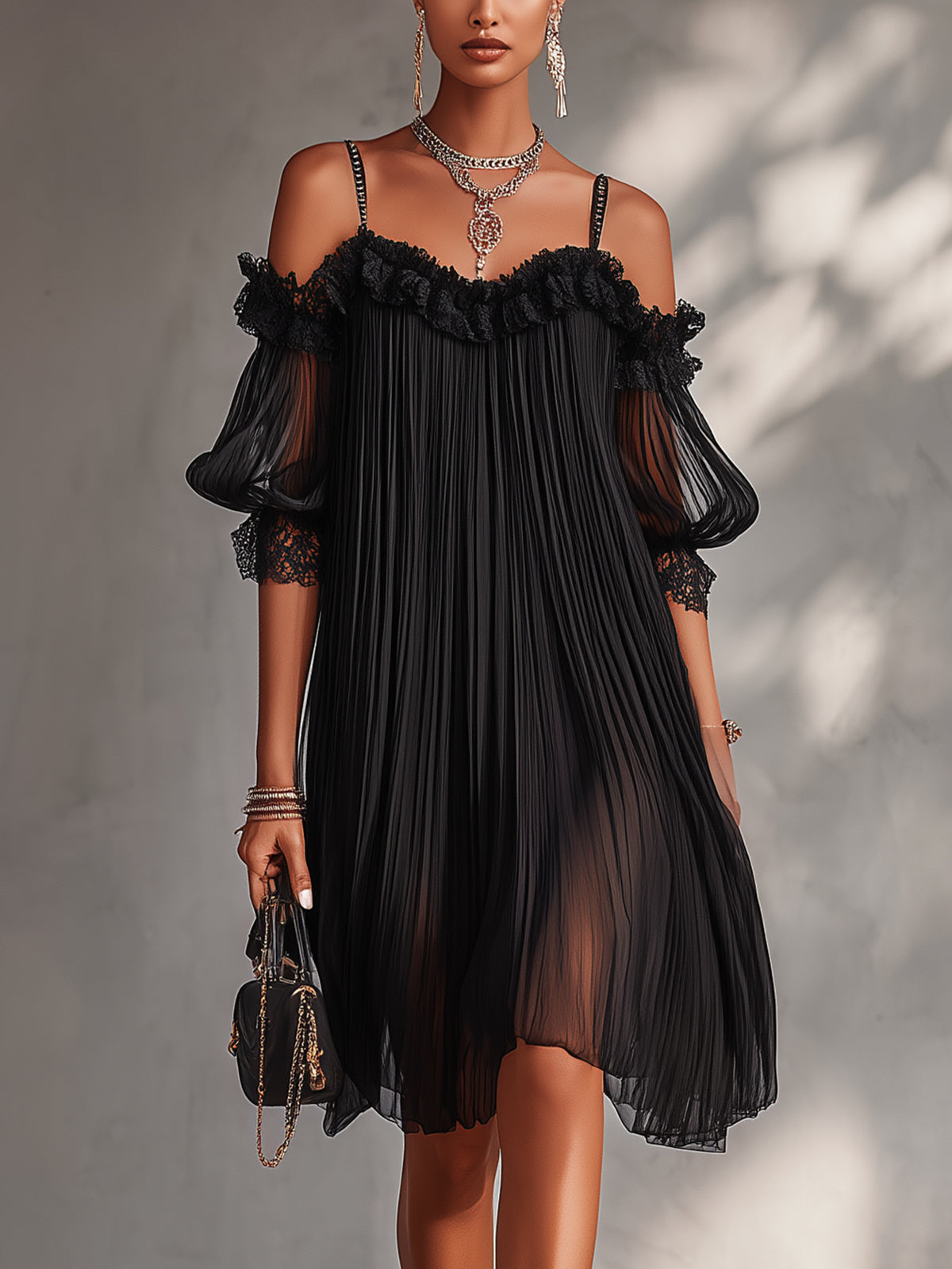 Ottavia | Mini Abito Nero in Chiffon con Spalle Scoperte e Bordo in Pizzo
