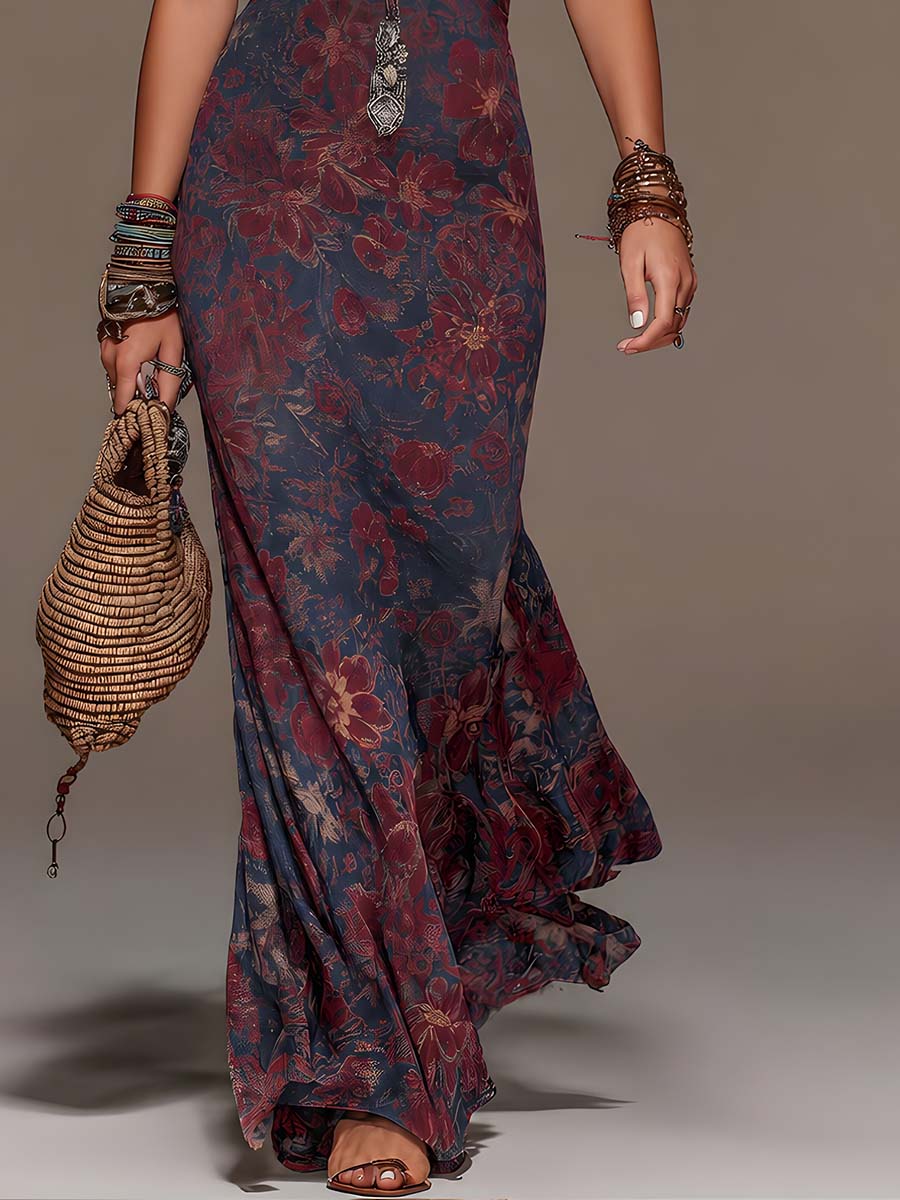 Lavinia | Abito maxi a sirena con scollo halter, pizzo e stampa floreale