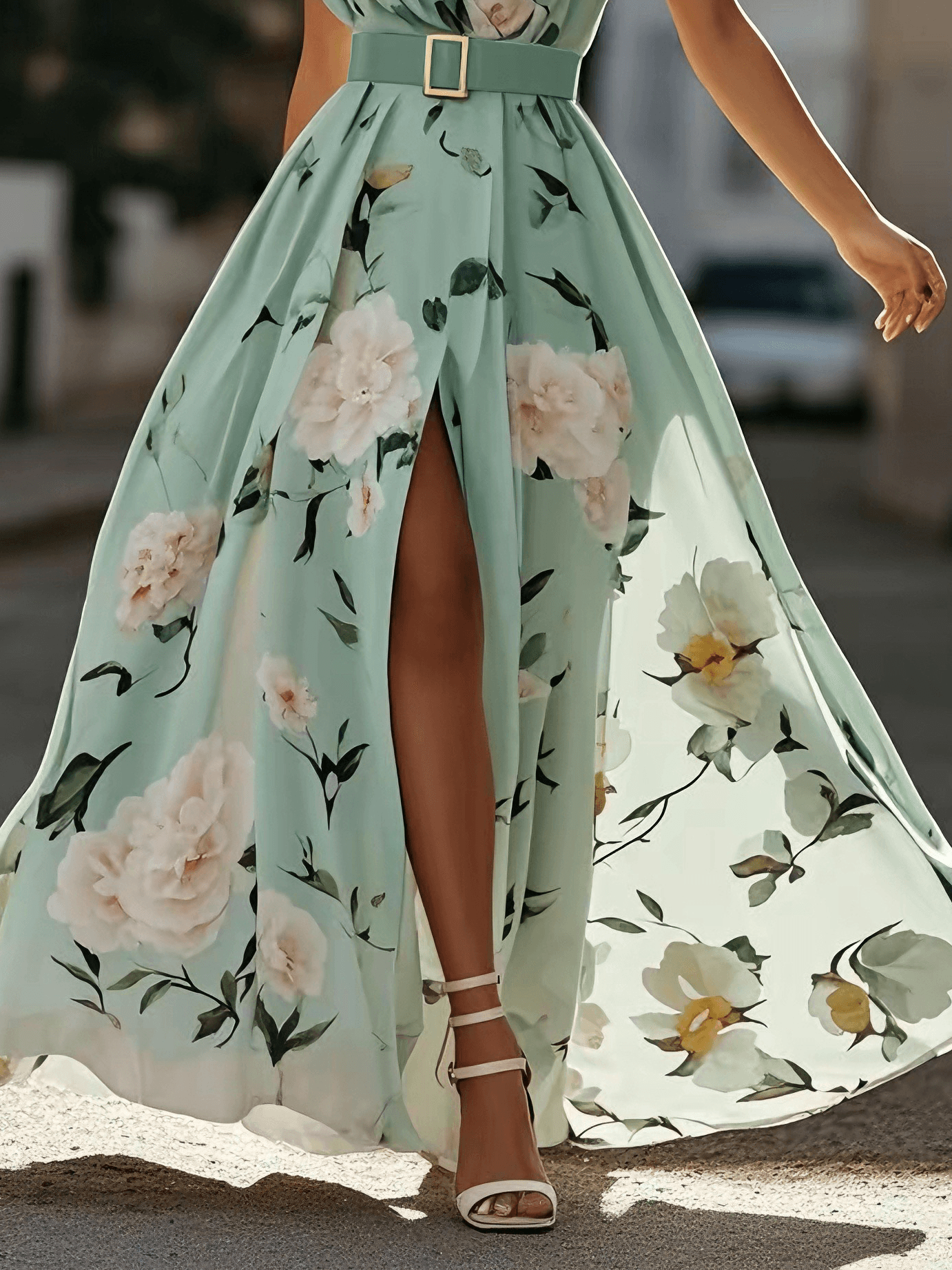 Julie | Abito Maxi Chiffon Floreale a Spalle Scoperte Verde Chiaro