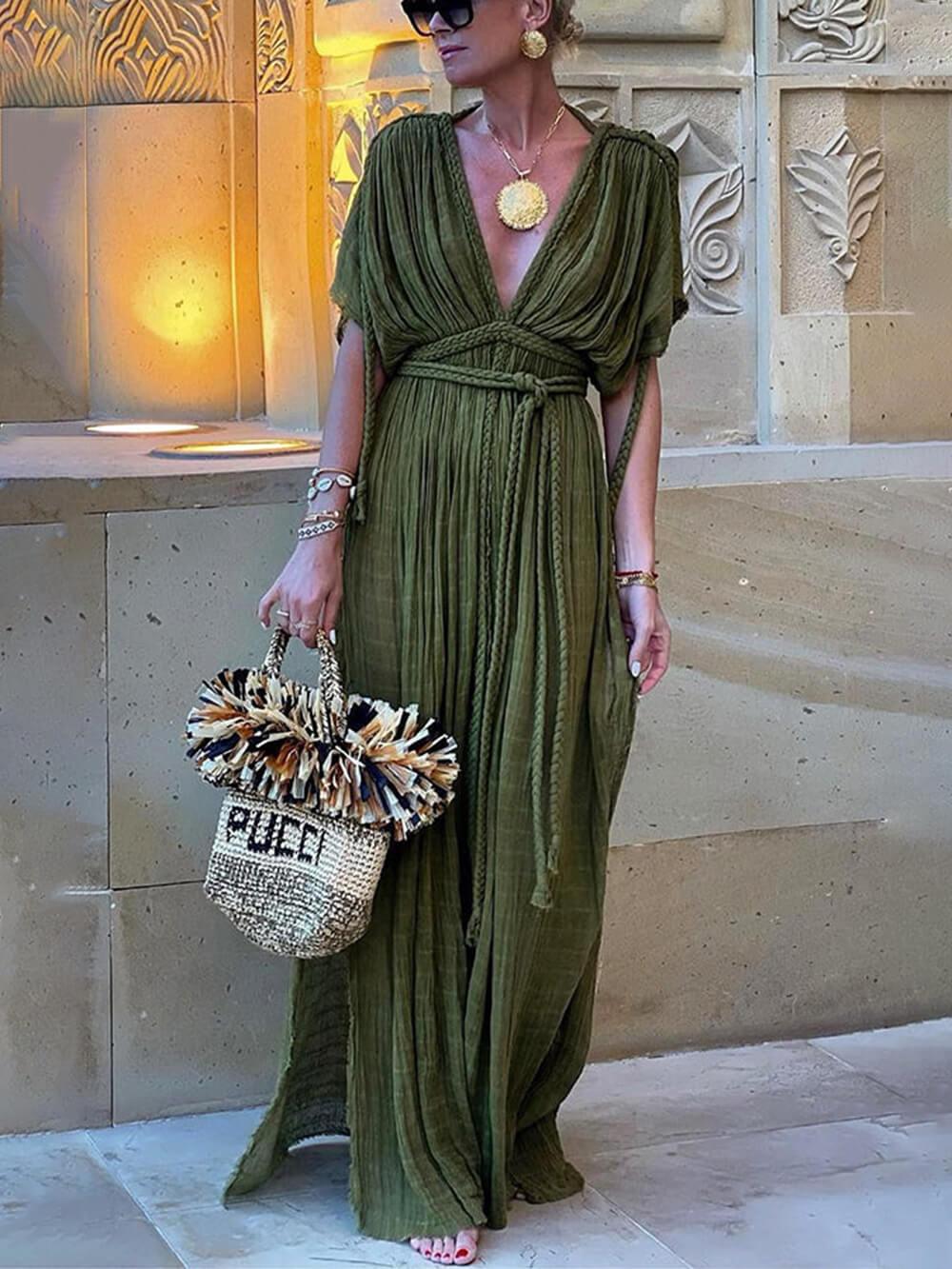 Elena | Abito Maxi con Spacco e Kimono e Treccine