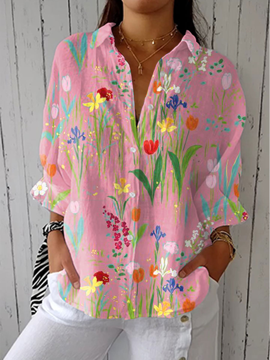Donatella | Camicia con fantasia di giardino primaverile