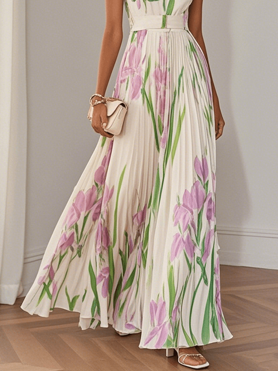 Marie | Abito Maxi Chiffon Floreale Plissettato Bianco