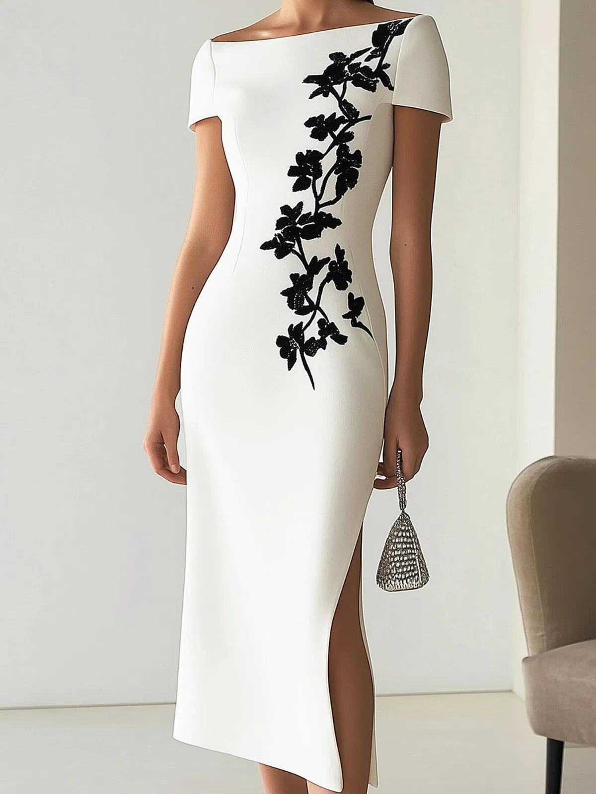 Audrey | Abito Midi a Stampa Floreale Chic con Collo Barchetta