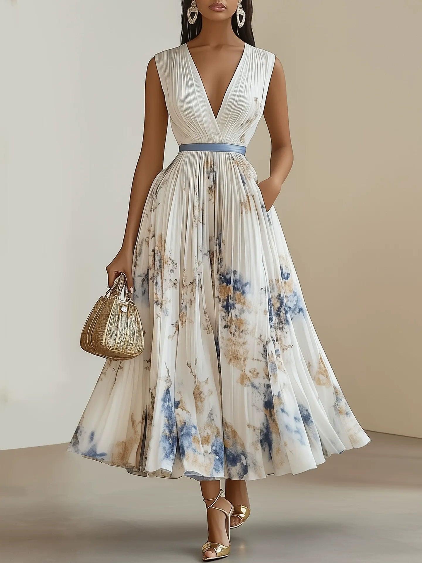 Chloe | Abito midi plissettato in chiffon floreale bianco con scollatura a V