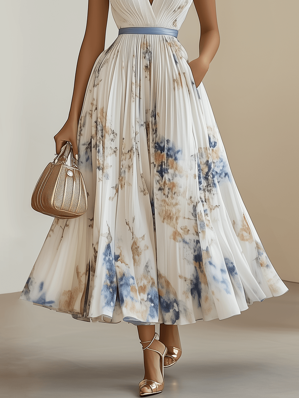 Chloe | Abito midi plissettato in chiffon floreale bianco con scollatura a V