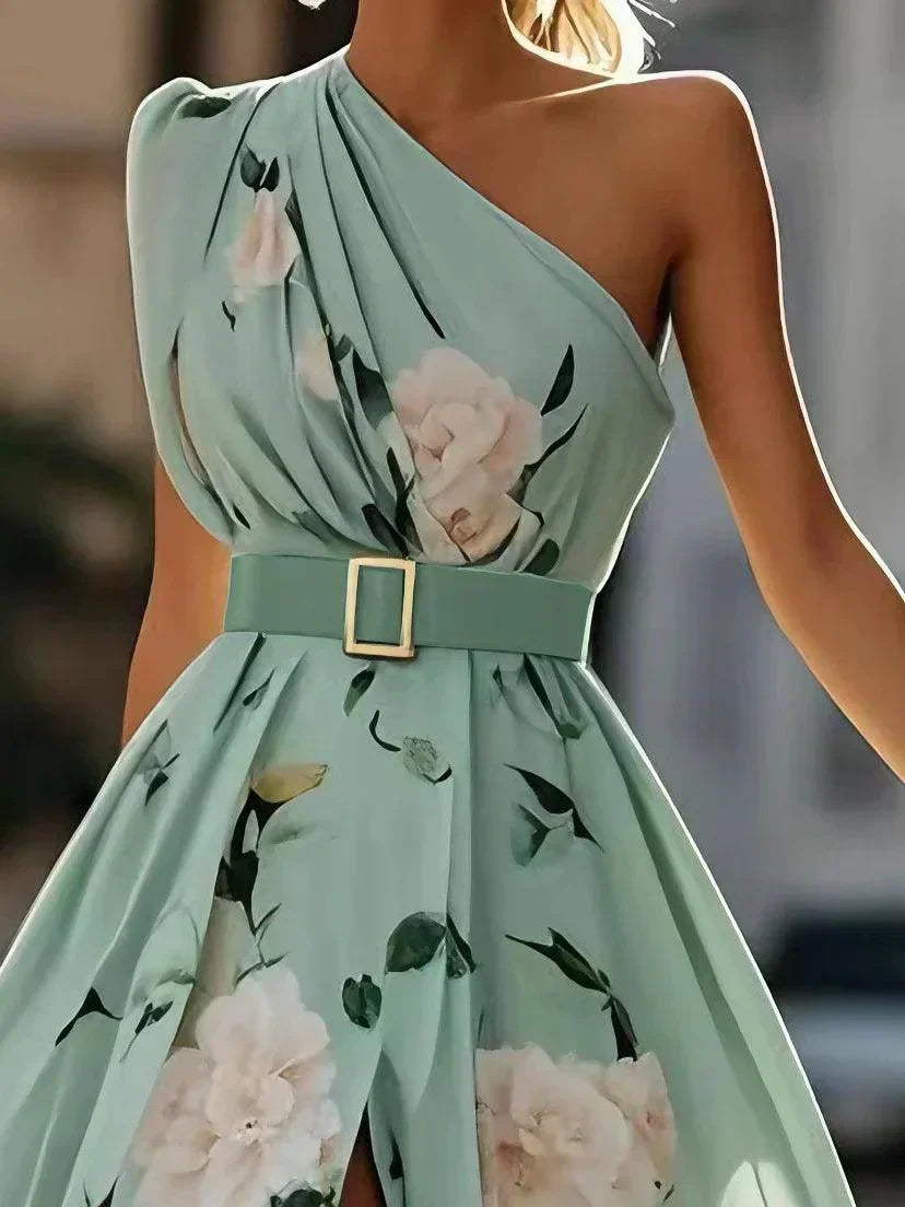 Julie | Abito Maxi Chiffon Floreale a Spalle Scoperte Verde Chiaro