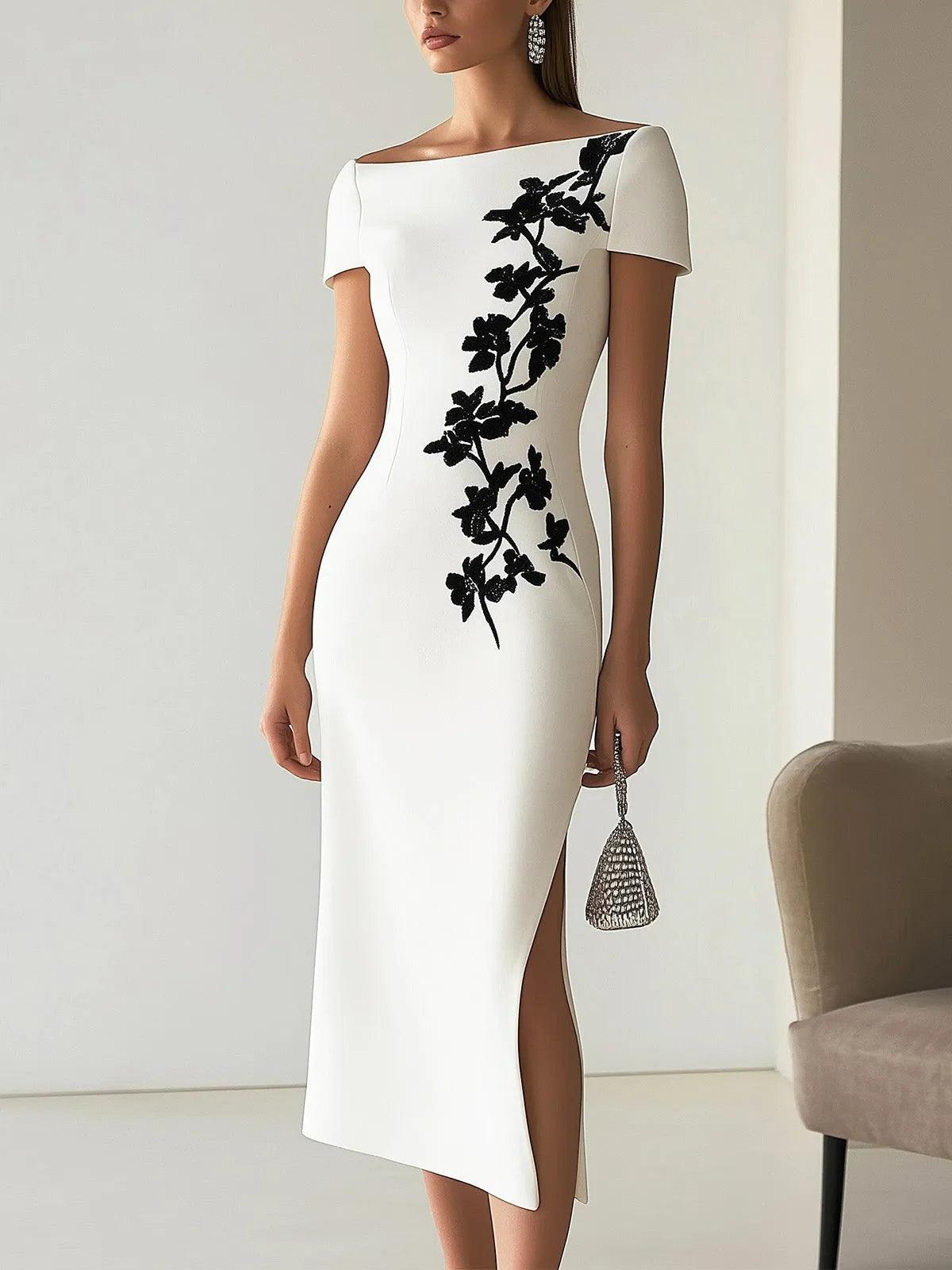 Audrey | Abito Midi a Stampa Floreale Chic con Collo Barchetta