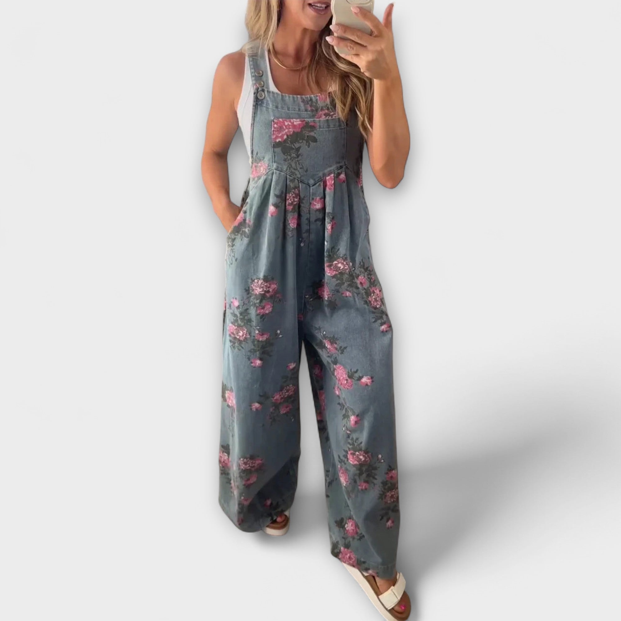 Bethany - Salopette in Denim con Motivo Floreale