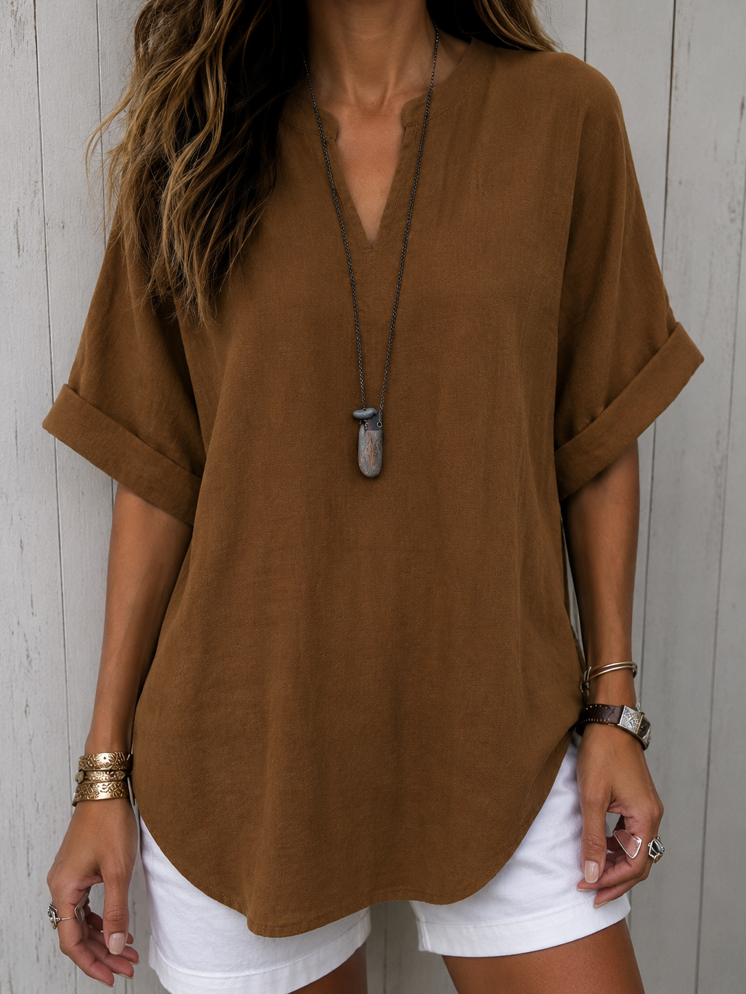 Emma™ | Blusa casual tinta unita a maniche corte