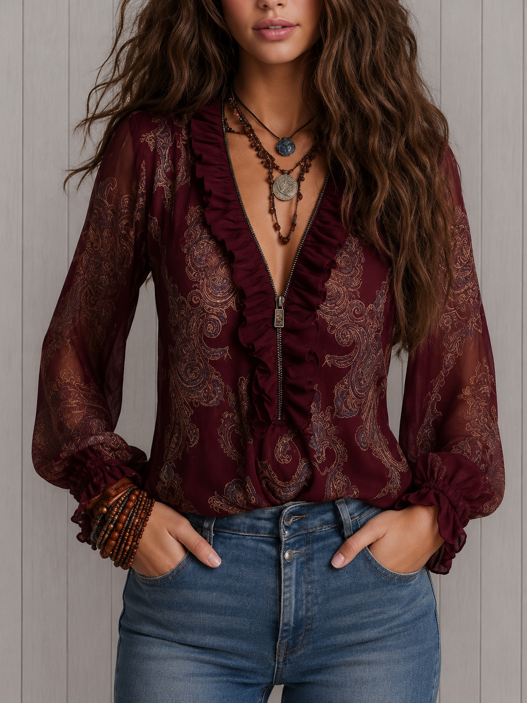 Lucia | Camicia in chiffon con zip, volant e fantasia paisley barocca