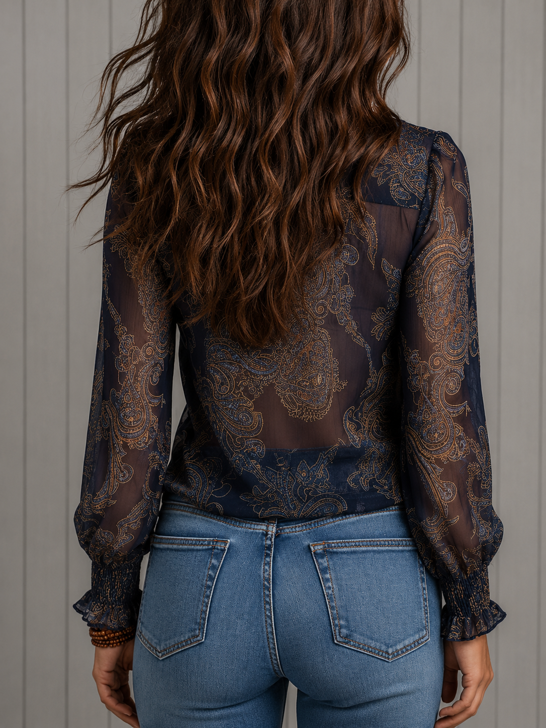 Lucia | Camicia in chiffon con zip, volant e fantasia paisley barocca