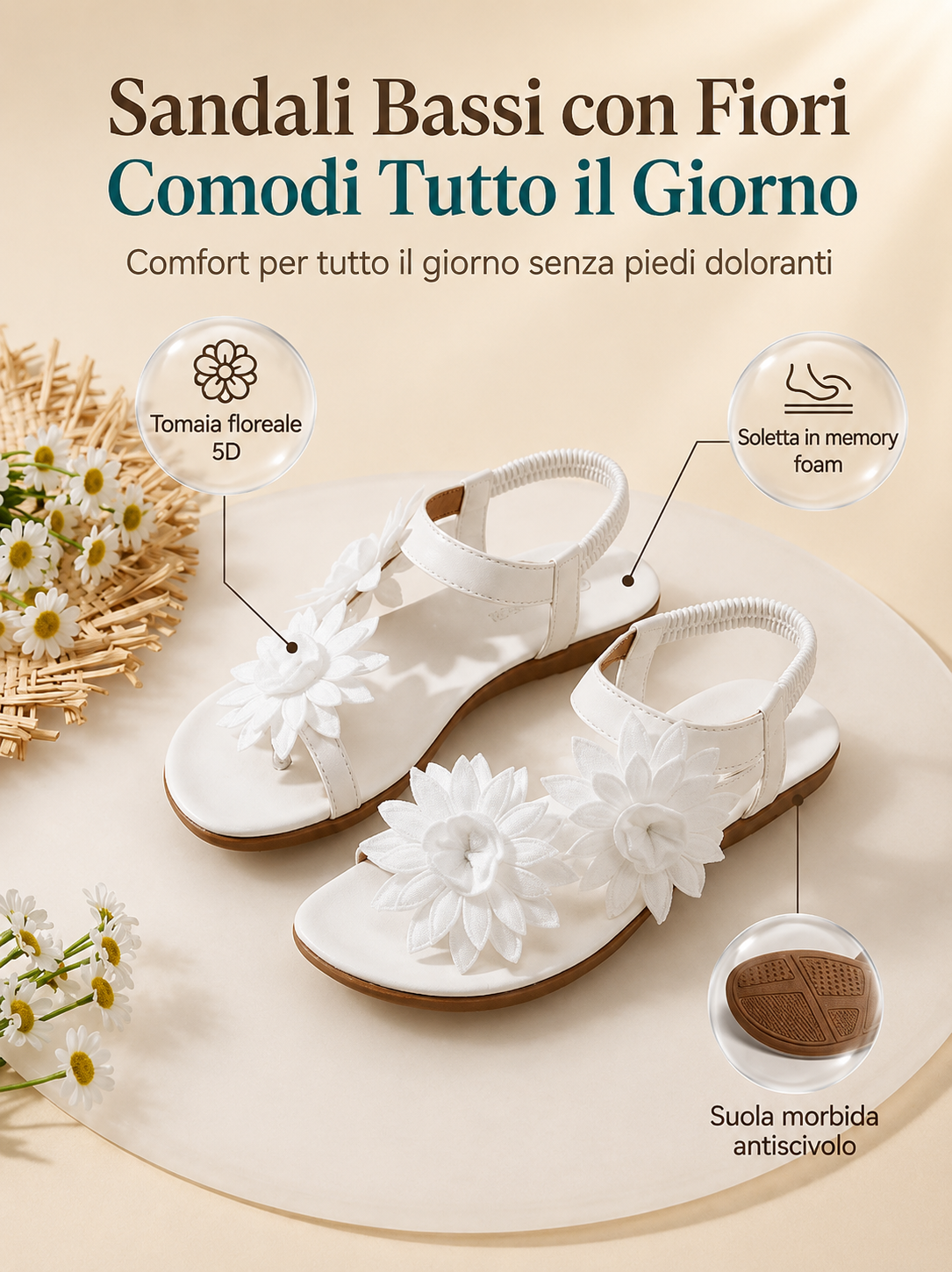 Florea | Sandali Ortopedici con Fiori Applicati