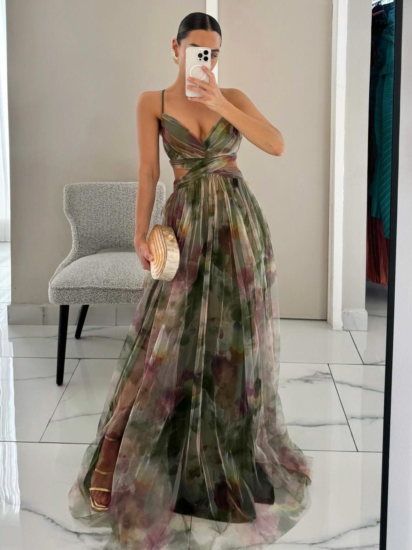 Karen | Abito Maxi Stampato Floreale con Collo a V
