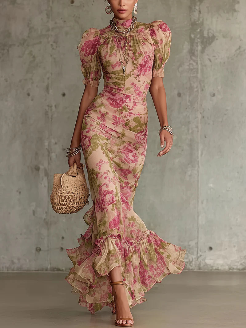 Mae | Abito Maxi con Stampa Rosa Vintage e Maniche a Sbuffo
