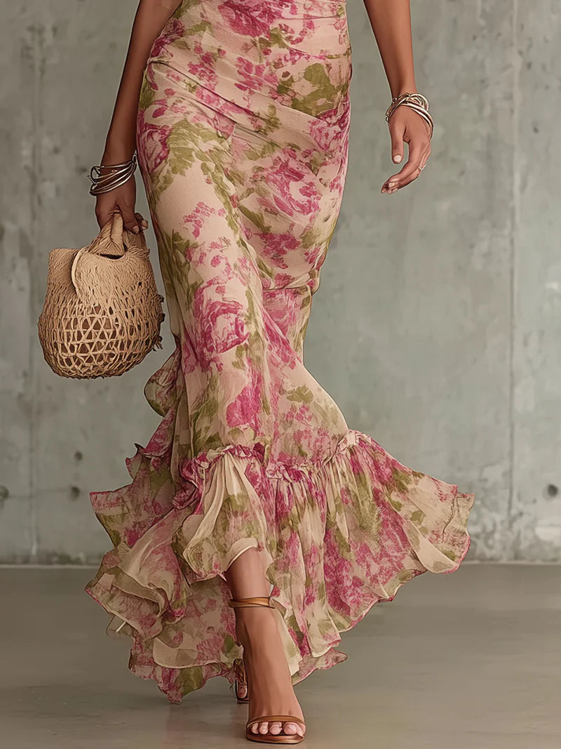 Mae | Abito Maxi con Stampa Rosa Vintage e Maniche a Sbuffo