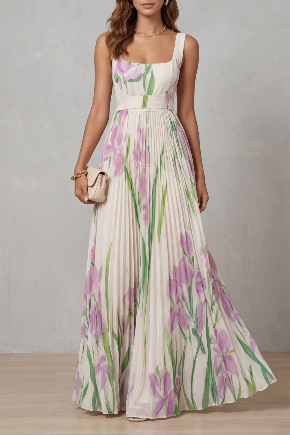 Viviana | Abito Maxi Plissettato Floreale Acquerellato