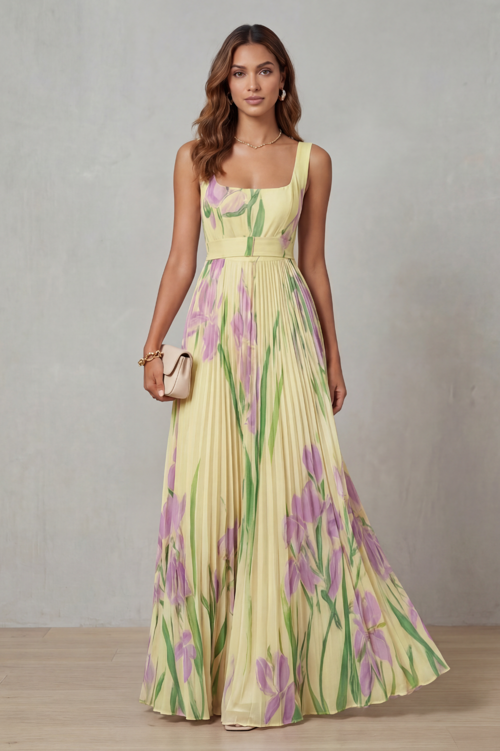 Viviana | Abito Maxi Plissettato Floreale Acquerellato