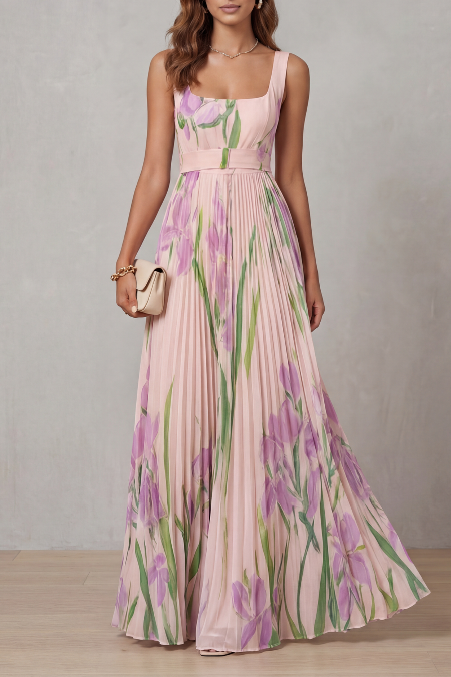 Viviana | Abito Maxi Plissettato Floreale Acquerellato