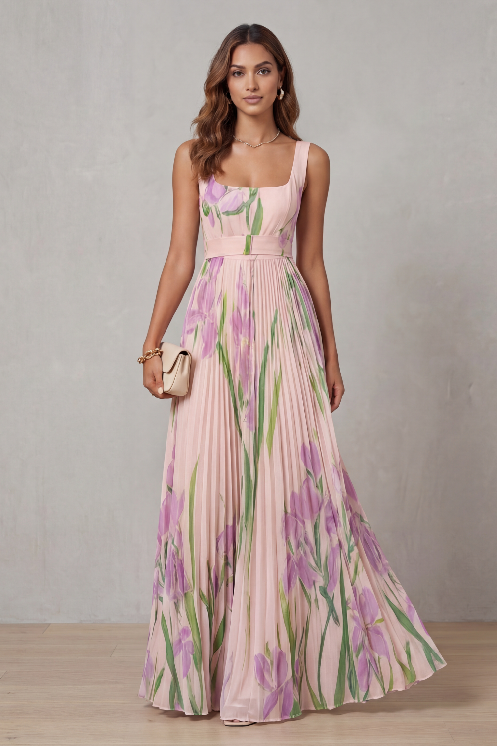 Viviana | Abito Maxi Plissettato Floreale Acquerellato