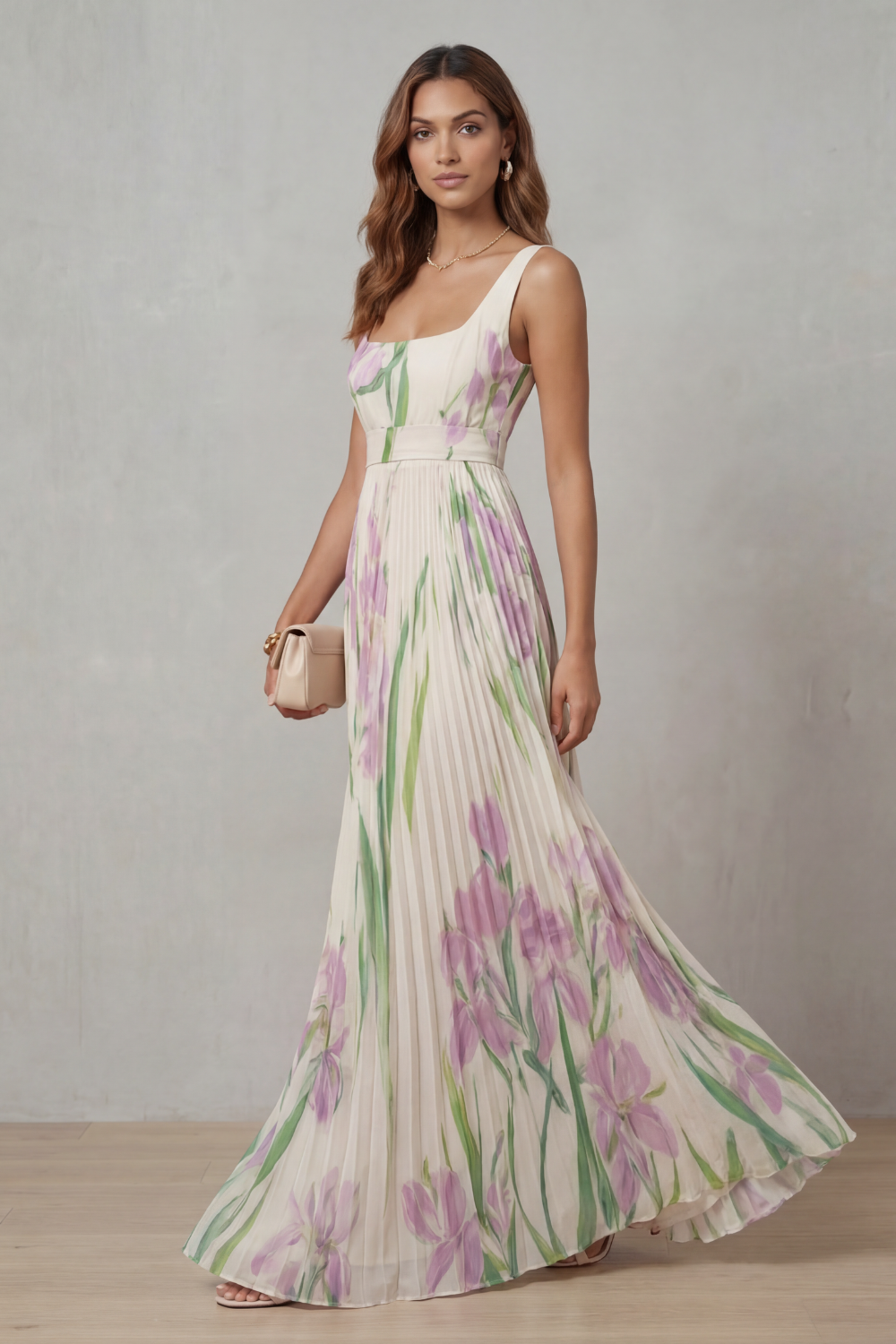 Viviana | Abito Maxi Plissettato Floreale Acquerellato