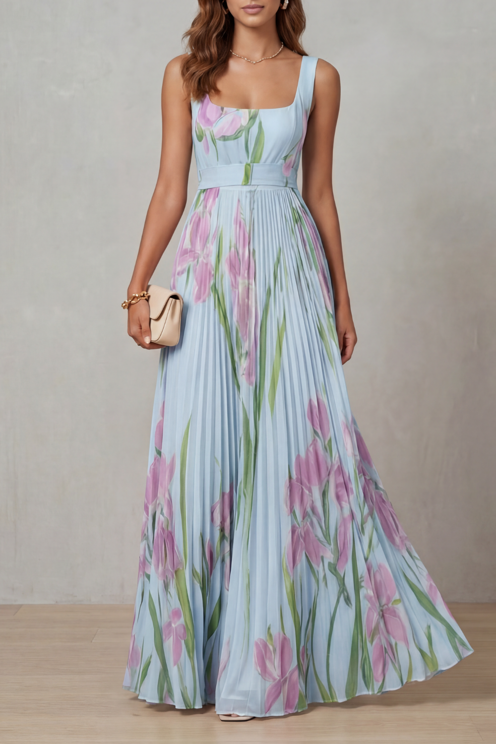 Viviana | Abito Maxi Plissettato Floreale Acquerellato