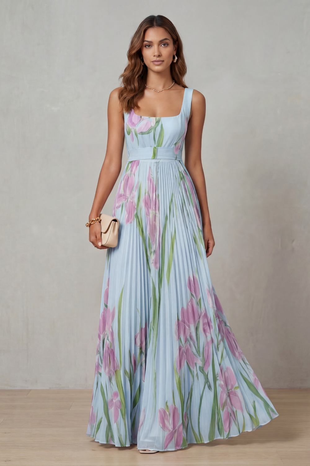 Viviana | Abito Maxi Plissettato Floreale Acquerellato