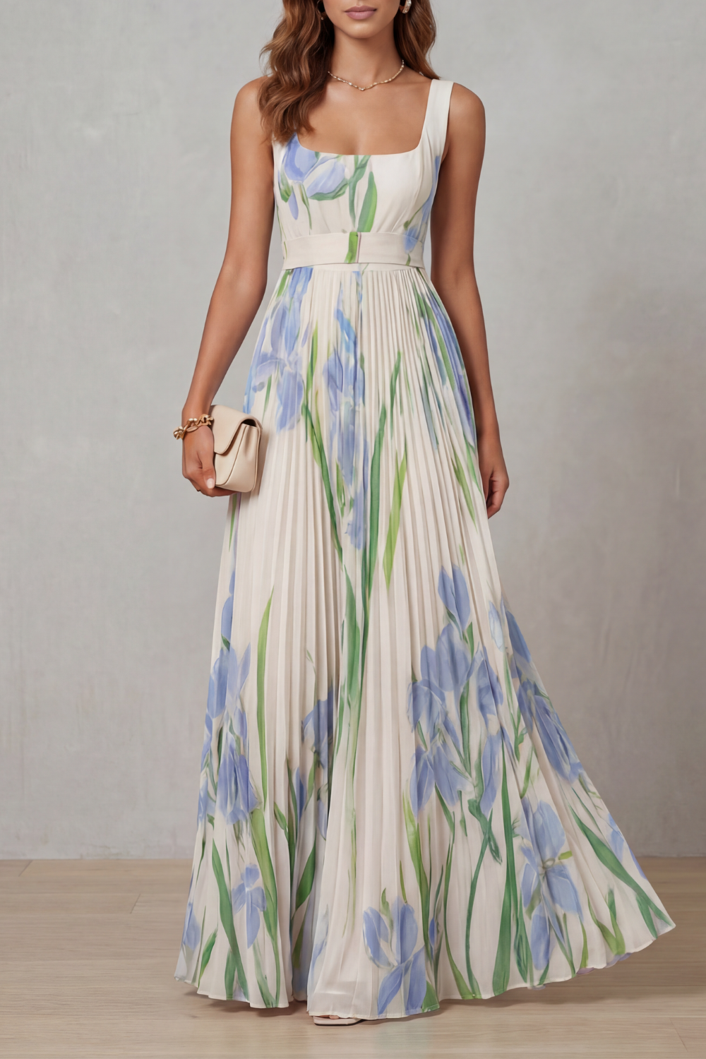 Viviana | Abito Maxi Plissettato Floreale Acquerellato