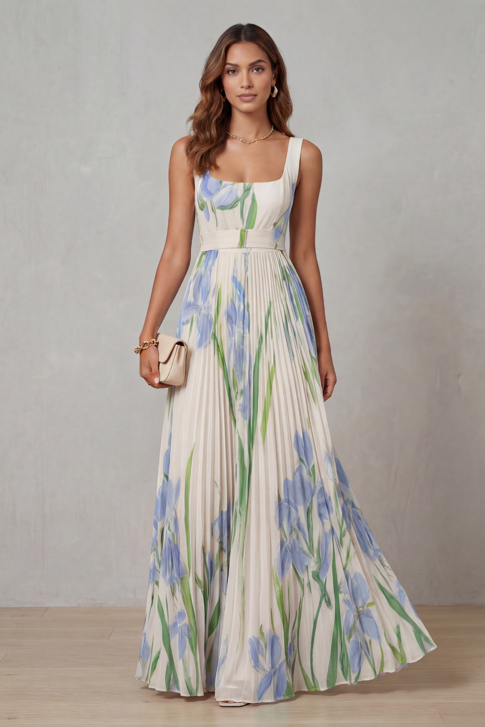 Viviana | Abito Maxi Plissettato Floreale Acquerellato