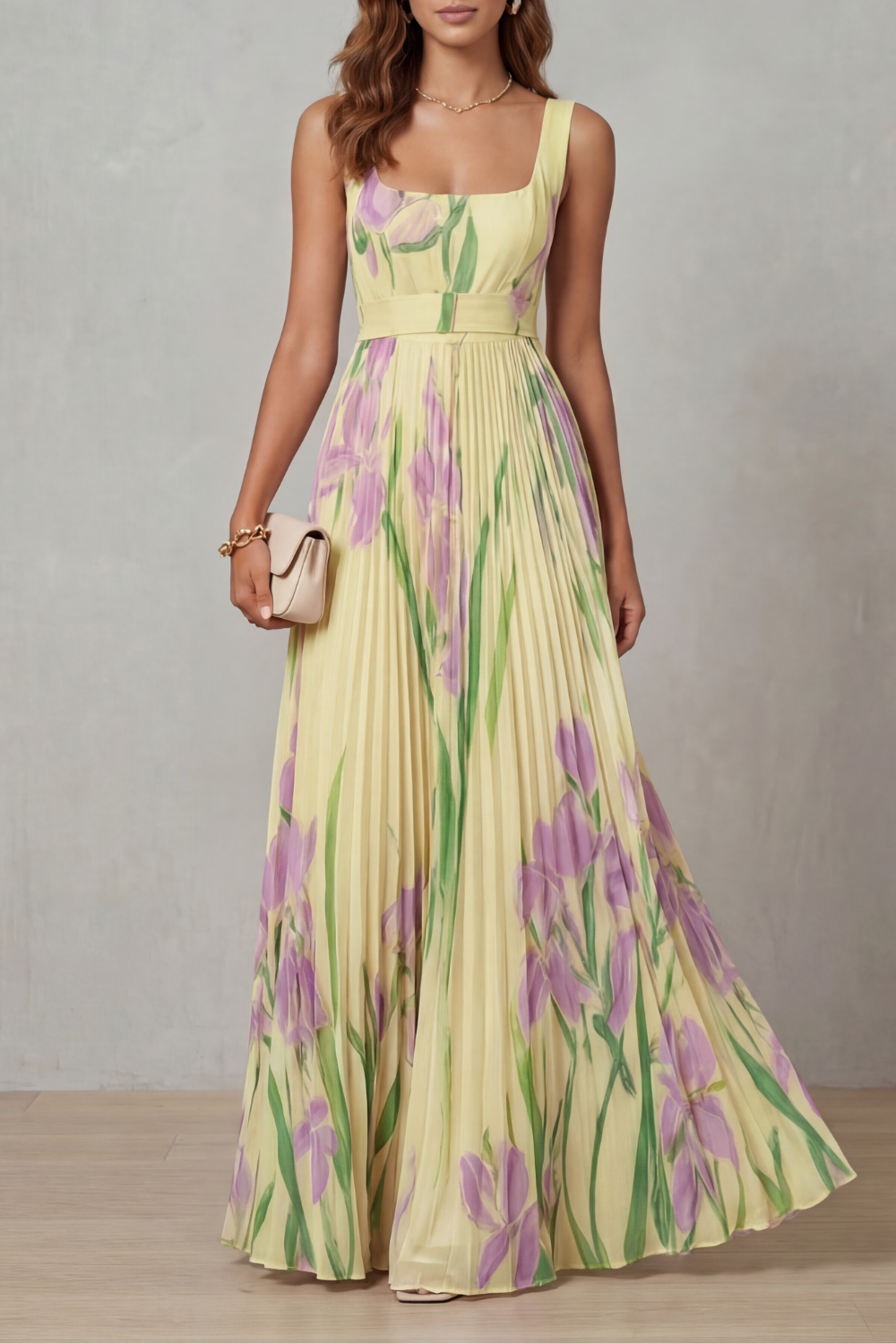 Viviana | Abito Maxi Plissettato Floreale Acquerellato