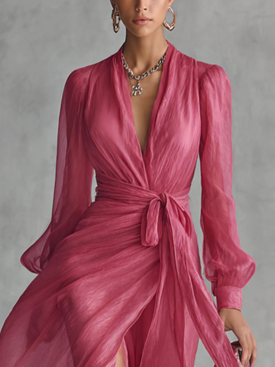 Beatrice | Abito lungo in chiffon elegante con scollatura a V e vita da annodare