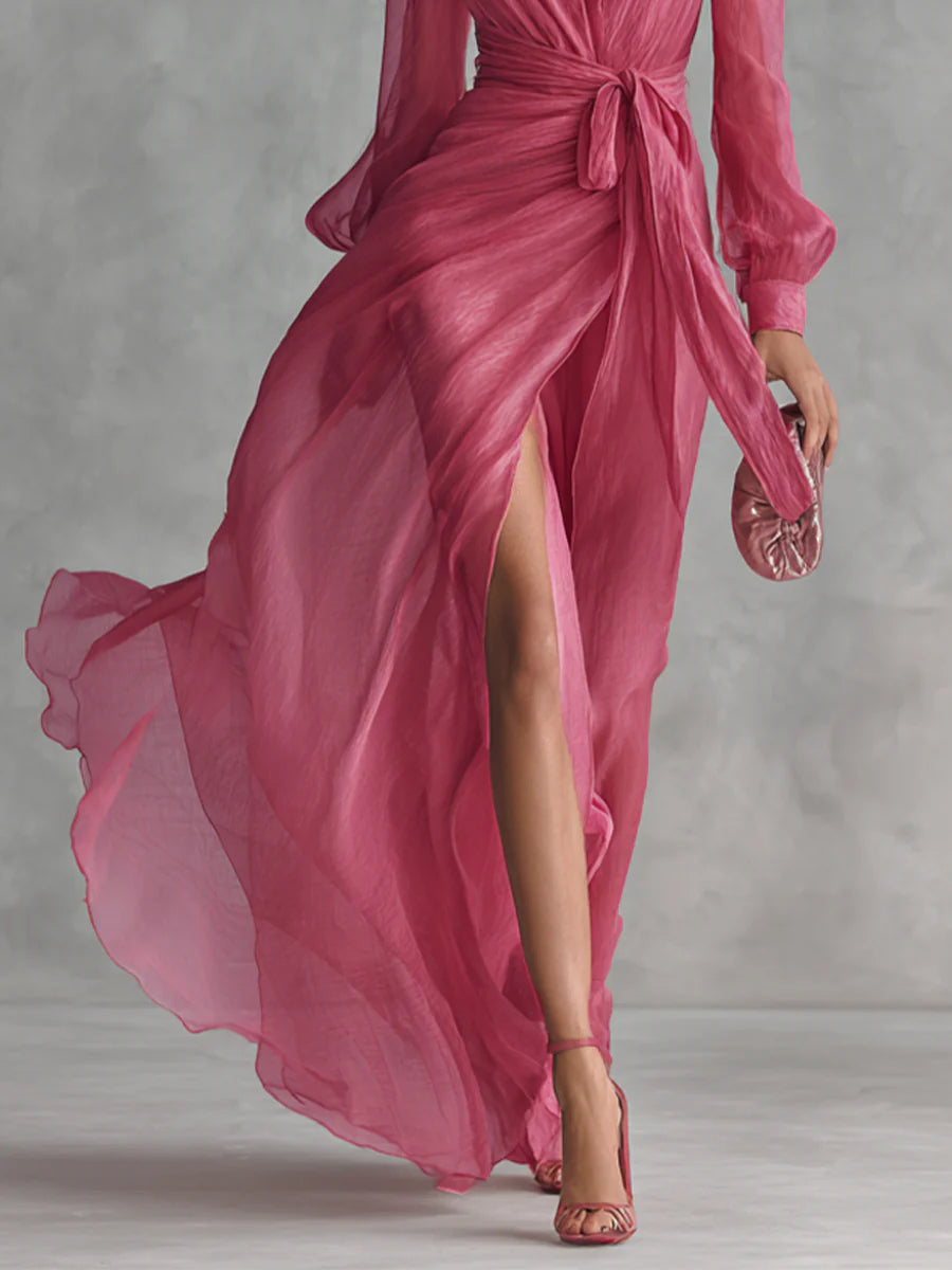 Beatrice | Abito lungo in chiffon elegante con scollatura a V e vita da annodare