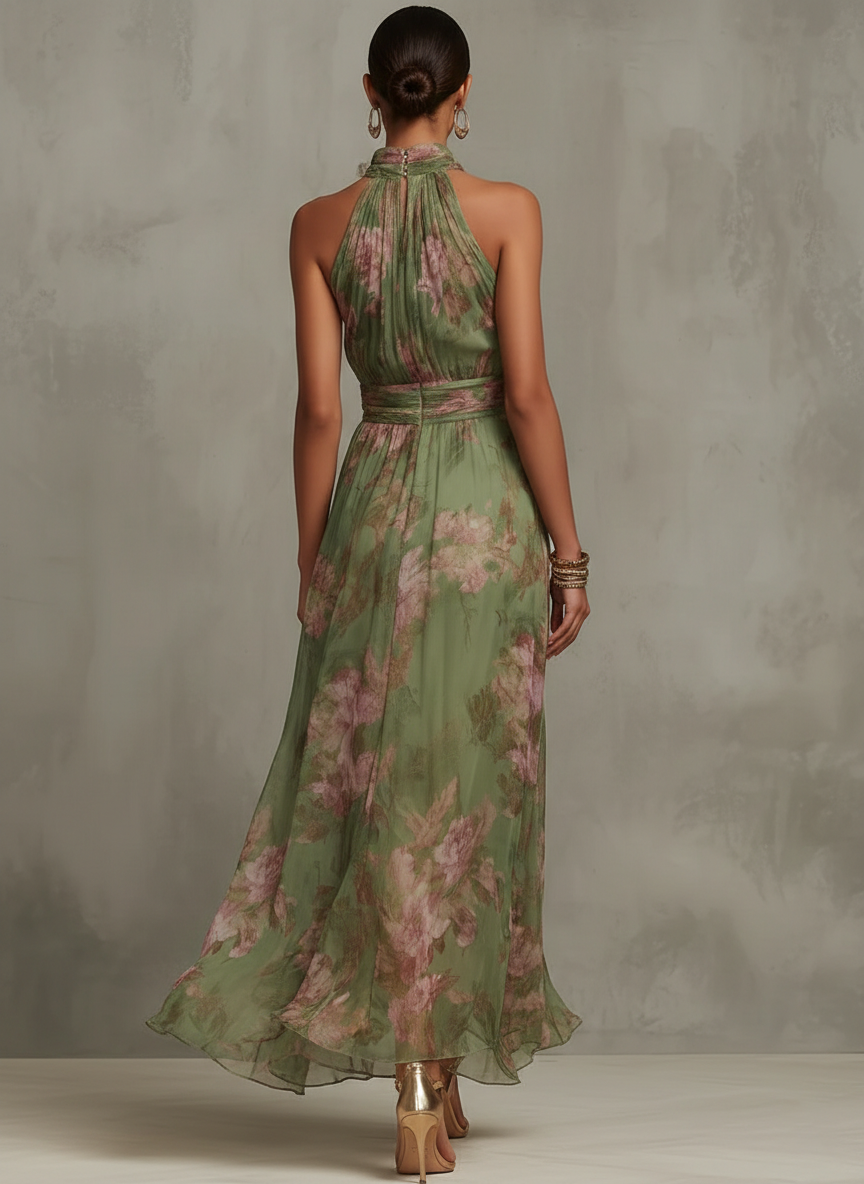 Firenze | Abito Maxi Chiffon Floreale Verde a Schiena Nuda