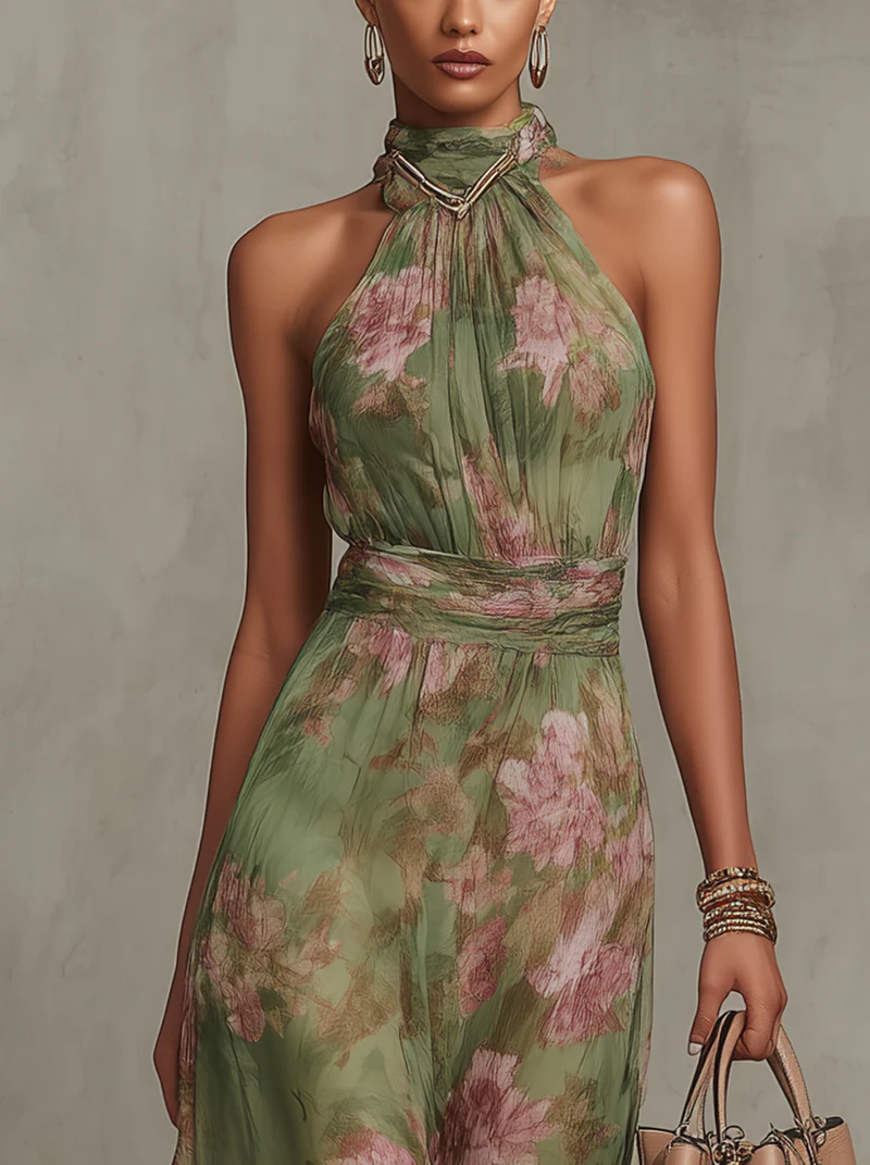 Firenze | Abito Maxi Chiffon Floreale Verde a Schiena Nuda