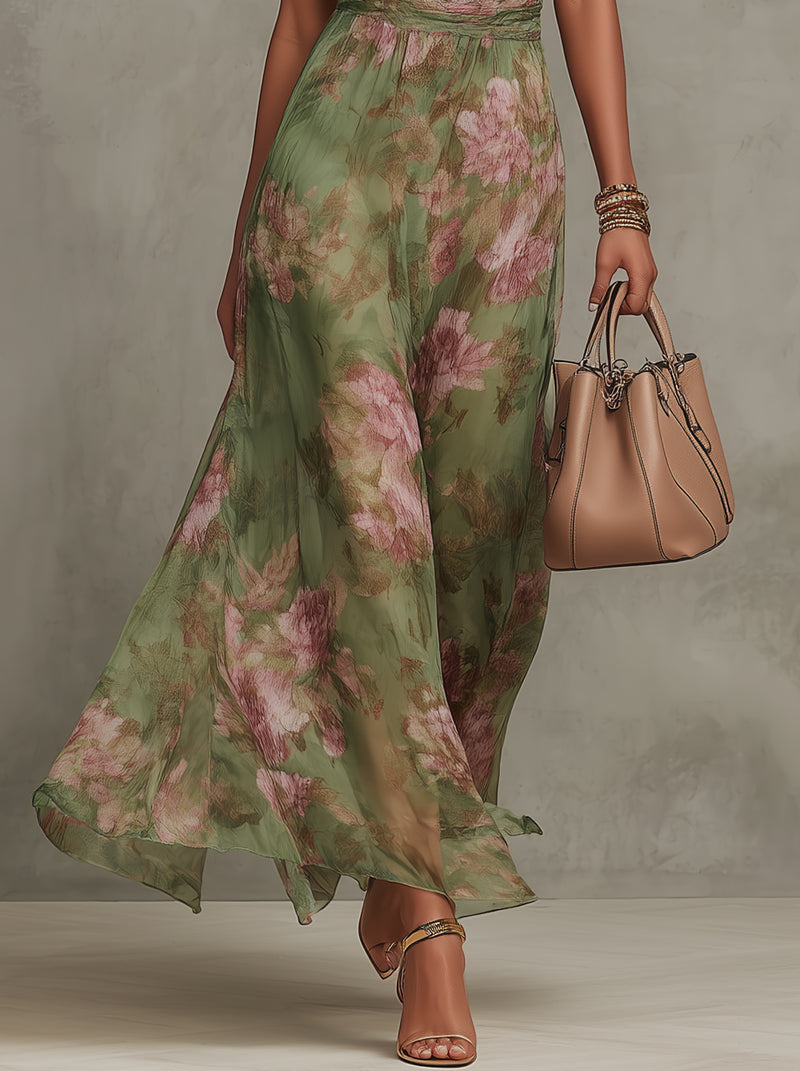 Firenze | Abito Maxi Chiffon Floreale Verde a Schiena Nuda