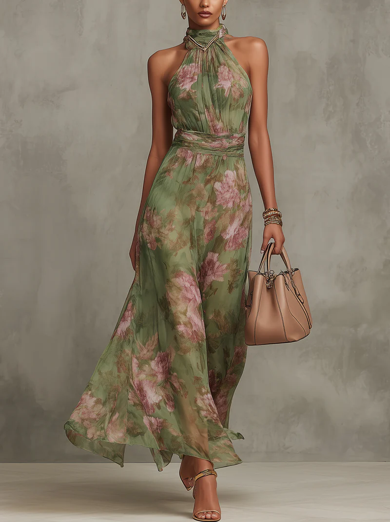Firenze | Abito Maxi Chiffon Floreale Verde a Schiena Nuda
