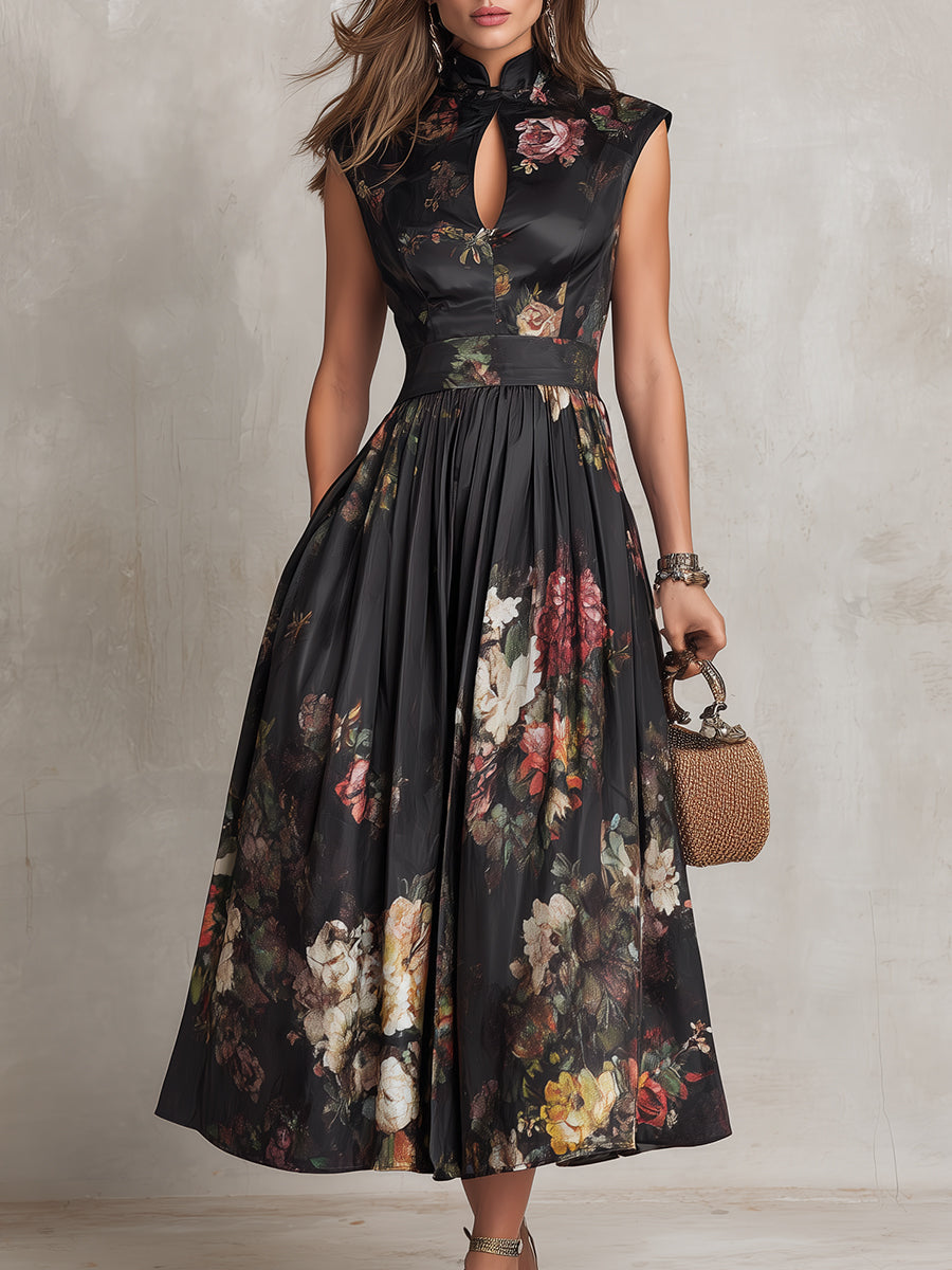 Patricia | Abito Midi Plissettato in Satin Floreale Nero
