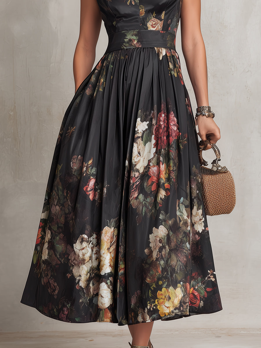 Patricia | Abito Midi Plissettato in Satin Floreale Nero