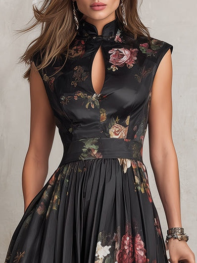Patricia | Abito Midi Plissettato in Satin Floreale Nero