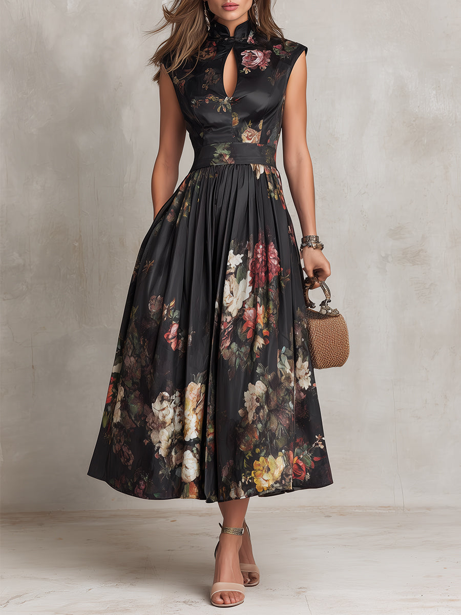 Patricia | Abito Midi Plissettato in Satin Floreale Nero