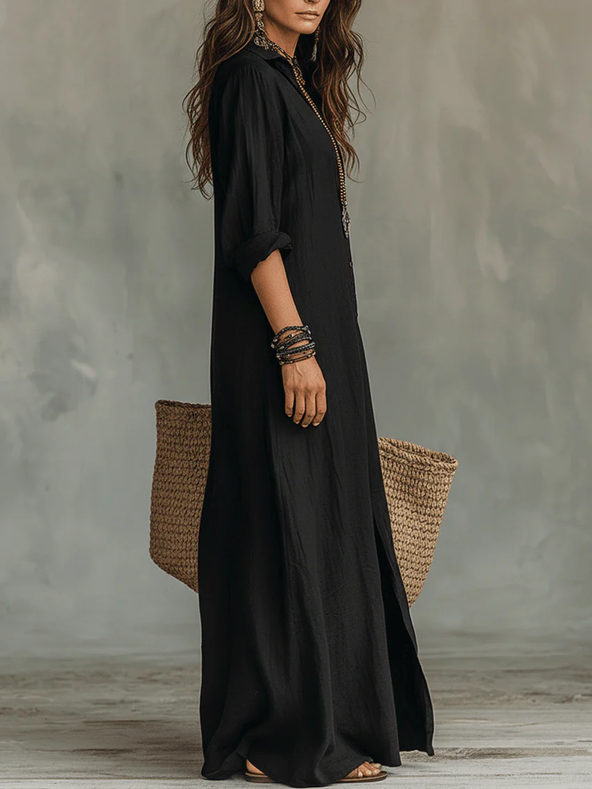 Alessia | Abito maxi nero morbido con bottoni