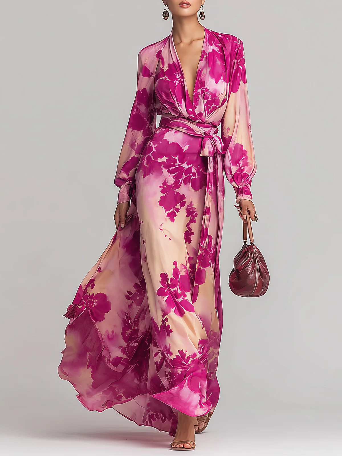 Julia | Abito Maxi Floreale con Scollo a V e Cintura