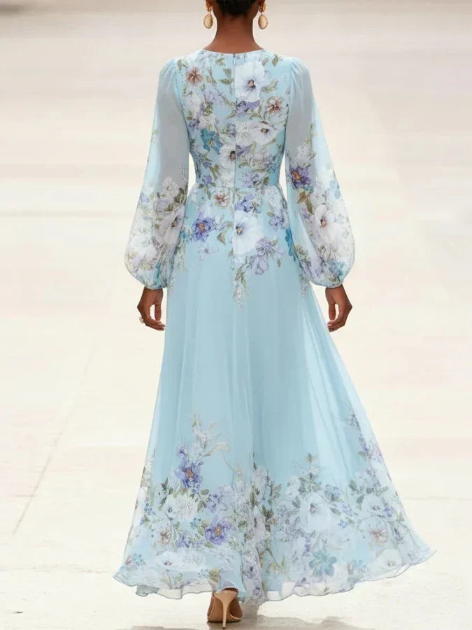 Mia | Abito Maxi Chiffon Floreale Blu Chiaro con Scollo a V
