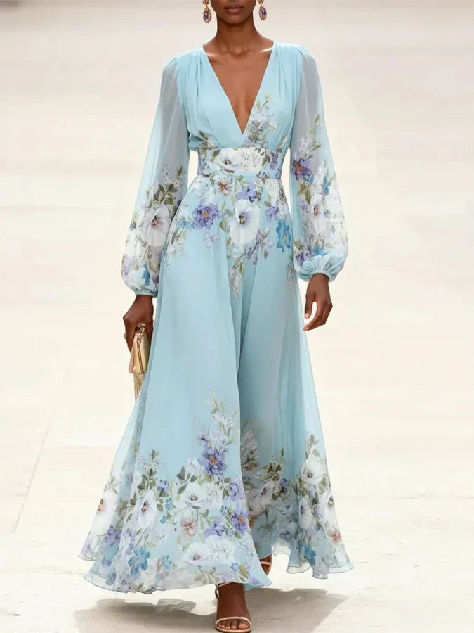 Mia | Abito Maxi Chiffon Floreale Blu Chiaro con Scollo a V