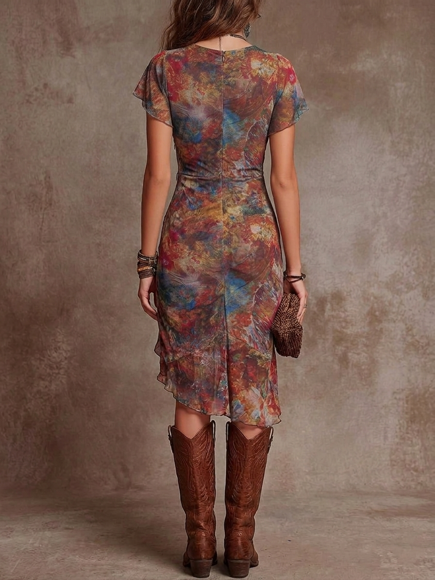 Judy | Abito Midi Plissettato V-Cuore Astratto Bohemien