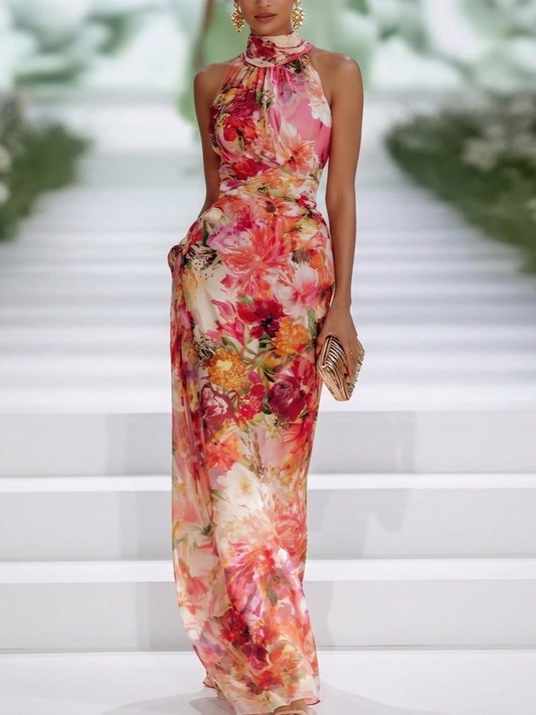 Fae | Abito Maxi Senza Maniche in Chiffon Rosso a Fiori