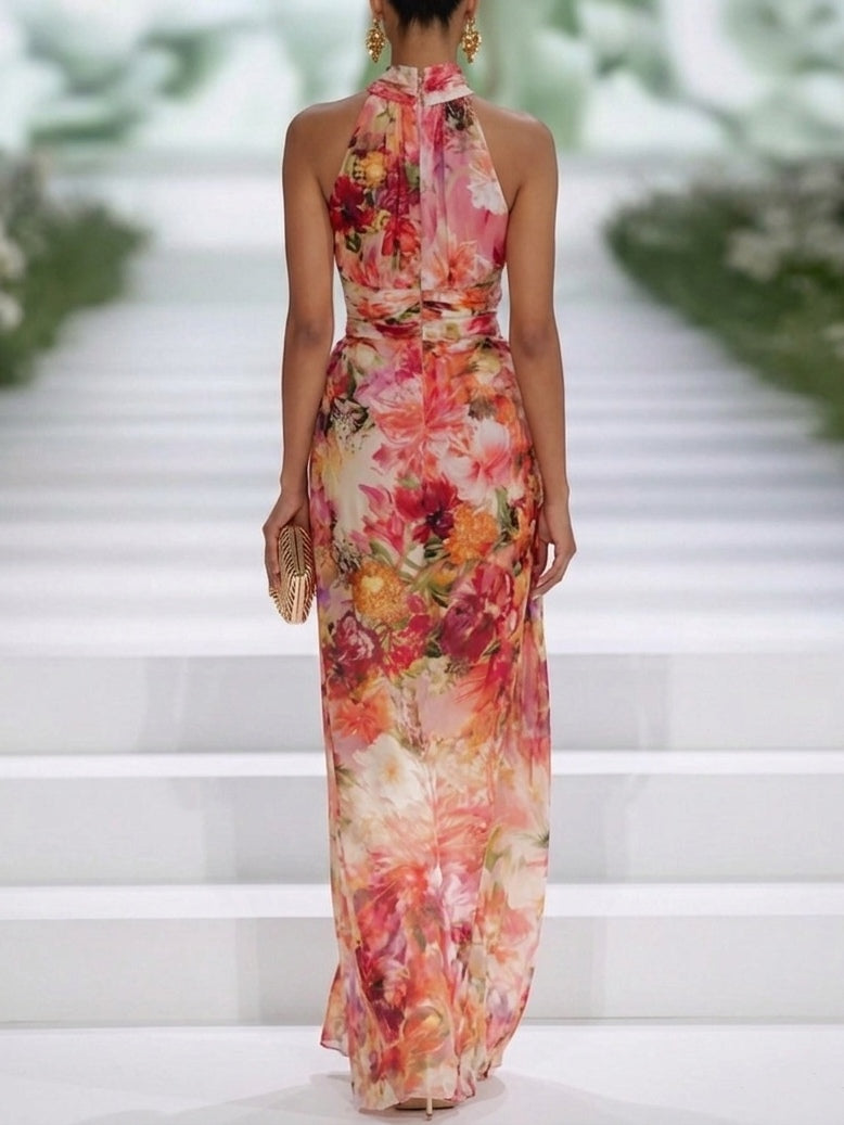 Fae | Abito Maxi Senza Maniche in Chiffon Rosso a Fiori