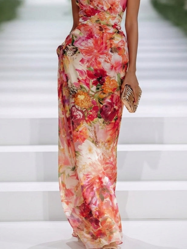 Fae | Abito Maxi Senza Maniche in Chiffon Rosso a Fiori