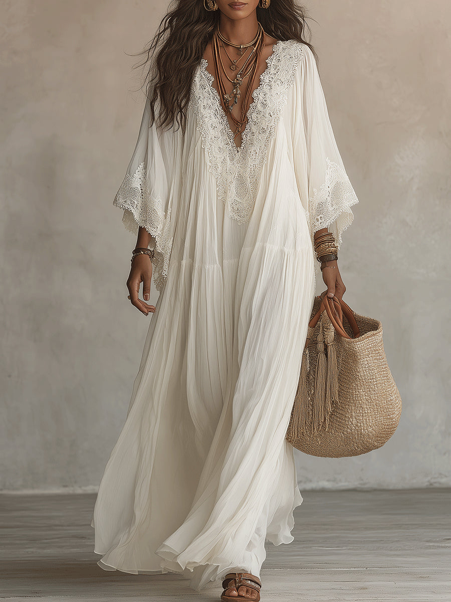 Celeste | Abito lungo in chiffon avorio con maniche a pipistrello e pizzo bianco