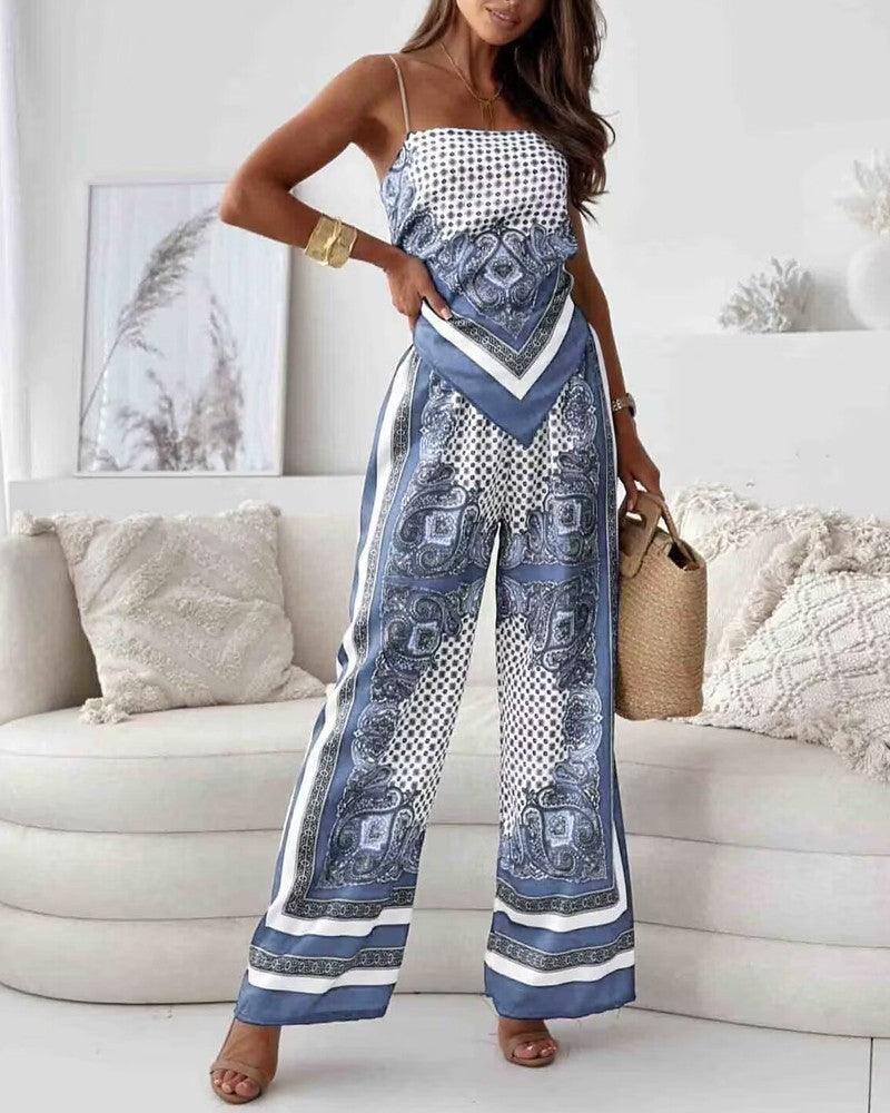 Helen | Set di due pezzi elegante con top a lacci e pantaloni pronti per le vacanze