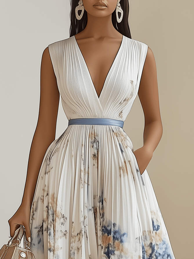 Chloe | Abito midi plissettato in chiffon floreale bianco con scollatura a V